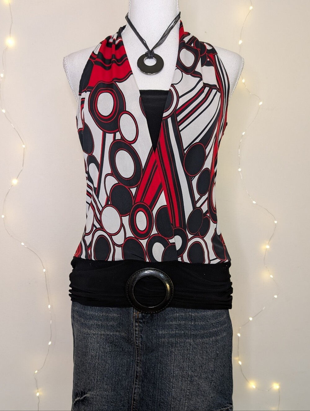 Y2K Halter Tank Top in Red, Black & White With Dropwasit Buckle